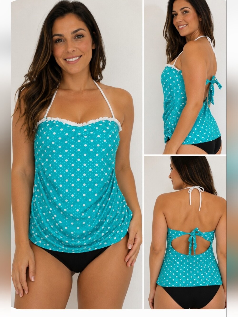 Candie's Polka Dot Tankini Top Large Blue White Retro Pinup Swimwear - Picture 12 of 12